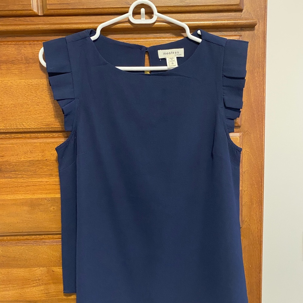 Monteau Deep Blue Pleated Sleeve Blouse